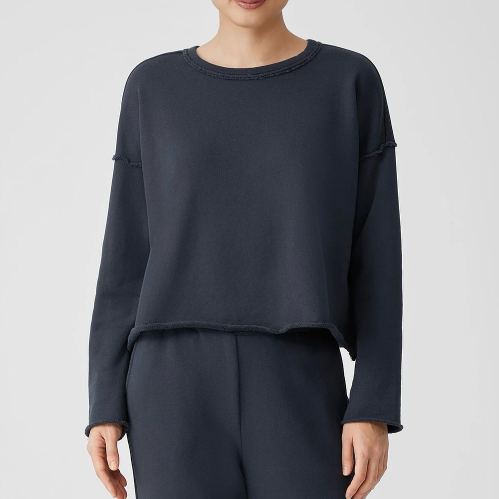 Eileen Fisher Organic Cotton French Terry Box-Top Black XL Boxy Fit Short Length